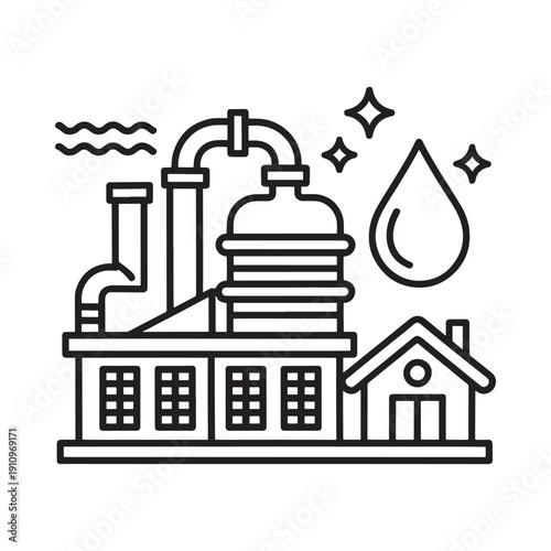 Photos Line art illustration of a water tower factory and house with water droplets