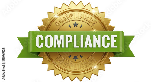 Golden compliance seal with green ribbon award badge 3d render isolated on transparent background