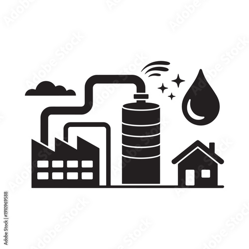 Industrial pollution impact factory emissions water droplet and residential area