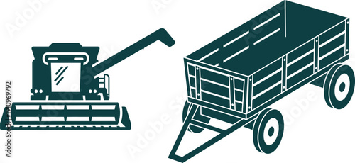 Combine harvester and agricultural trailer icons on white background farm equipment agriculture