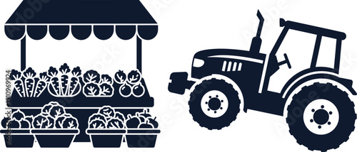 Farm Market Stall With Fresh Produce And Agricultural Tractor Icon Keywords: farm, market, stall, produce, vegetables, fruits