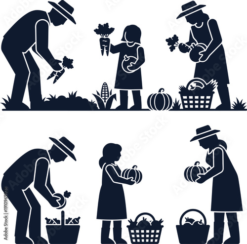 Farmers Harvesting Vegetables and Fruits Silhouette Collection vector illustration