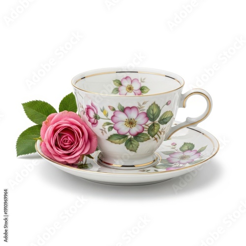 A delicate china teacup and saucer with floral design