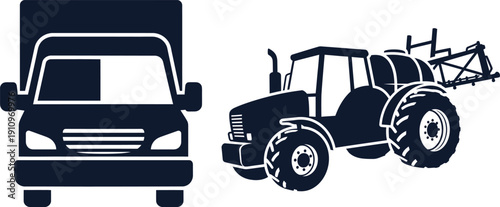 Front View of a Truck and a Tractor with Sprayer Silhouette agricultural machinery
