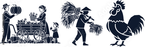 Farmers with harvest cart, man carrying wheat, and rooster agriculture farming