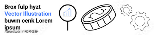 Financial technology, cryptocurrency, business growth, innovation, digital economy, industrial strategy. Coin, magnifying glass with a chart and gear icons. Cryptocurrency and financial technology
