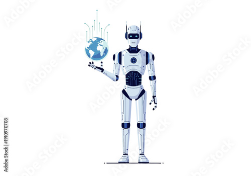 Humanoid robot holding a glowing digital globe symbolizing global connectivity and advanced technology.