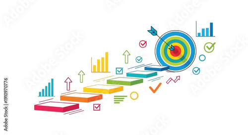 Business progress visualization shows colorful steps leading directly toward an ultimate achievement target