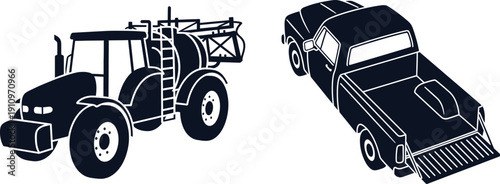 Silhouette of a Tractor with Sprayer and a Pickup Truck with Tailgate farm equipment agriculture