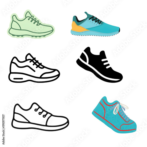 Sneaker Icon Set: Diverse Athletic Running Shoes and Sports Footwear Illustrations in Flat, Line Art, and Silhouette Styles