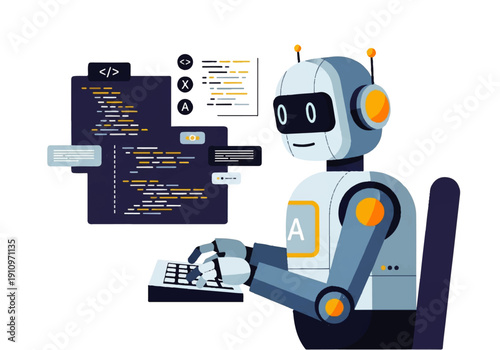 Cartoon humanoid robot coding software on computer screen in futuristic workspace.