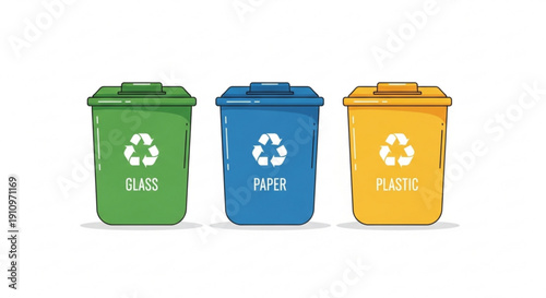 Set of recycling bins for glass paper and plastic flat vector illustration for waste management and eco-friendly concepts isolated on white