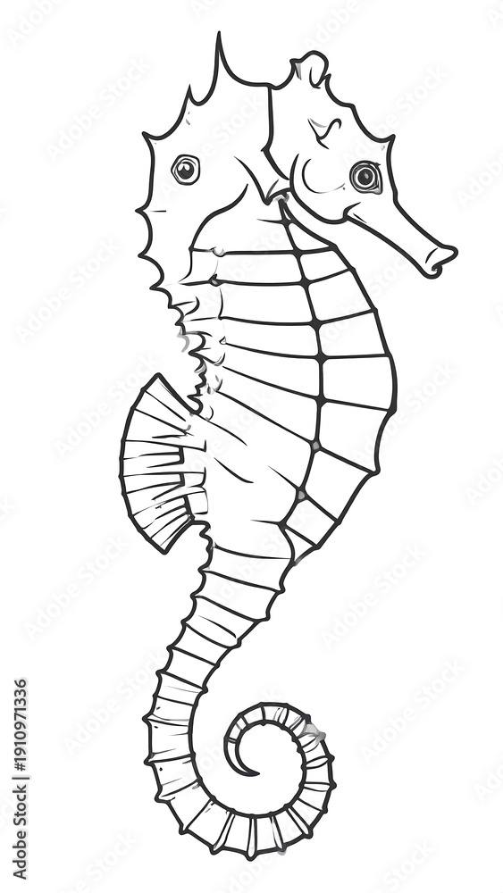Fototapeta premium Curled seahorse drawing. Linear illustration. Side profile. Solitary sea creature