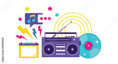 Vintage Vibes: A vibrant illustration showcasing a retro radio, a vinyl record, and musical notes, evoking the nostalgia and energy of music, ideal for designs related to audio, sound.