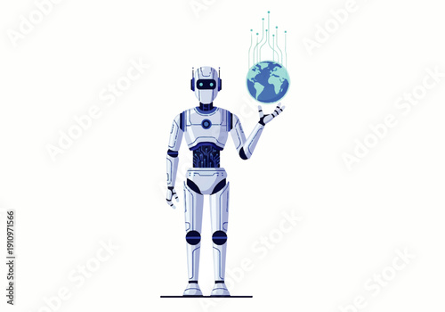 Futuristic humanoid robot holding digital globe representing global connectivity and artificial intelligence.