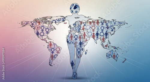 Global population map with human figures and gender symbols concept of diversity and interconnectedness digital illustration for social issues