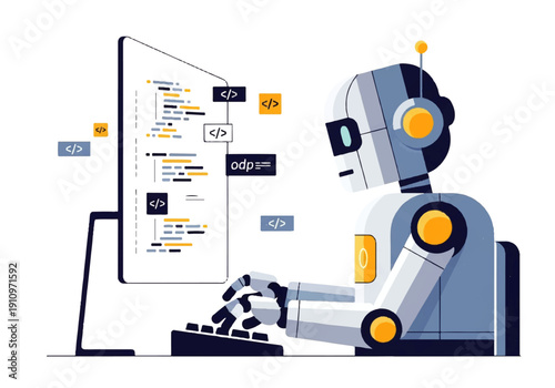 Robot programming code on computer screen illustrating automation and AI development.
