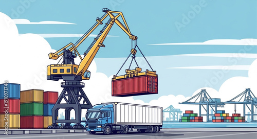 Crane Lifting Shipping Containers at Port.