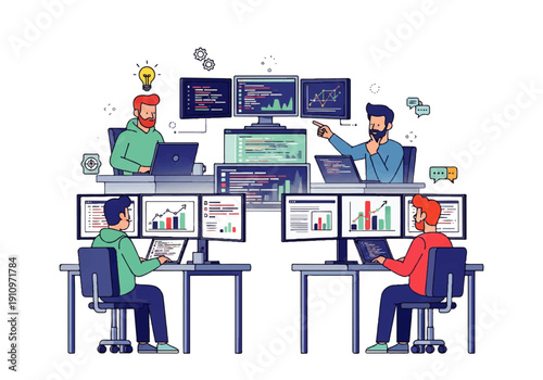 Software development team collaborating at shared office workstations.