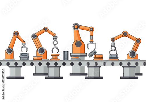 Orange industrial robotic arms working on an automated conveyor assembly line.