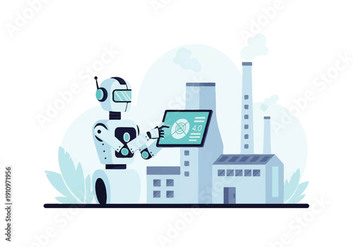 Humanoid robot operating tablet to manage smart factory production systems.