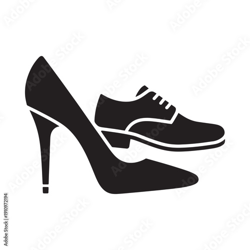A black and white illustration depicting a high heel and a dress shoe
