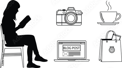 Woman relaxing with laptop camera coffee and bag