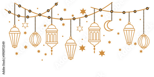 Islamic lanterns and stars isolated on transparent background for ramadan or eid celebration decorations