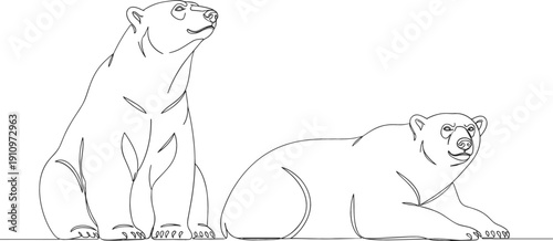 Continuous one line drawing of two polar bears sitting and lying down for arctic wildlife and nature conservation concept