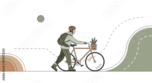 Eco Conscious Cyclist With Bicycle And Plant Transporting Goods Minimalist Illustration