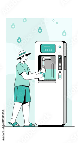 Eco Friendly Water Refill Station With Person Getting Drink Of Water Illustration
