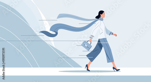 Elegant Professional Woman Striding Forward Confidently in a Modern Abstract Setting