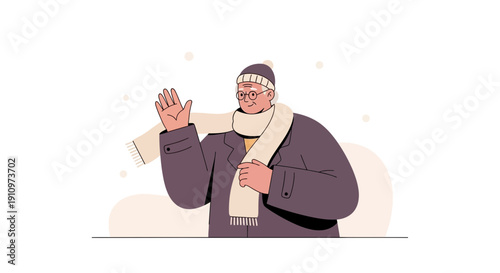 Elderly Gentleman In Winter Attire Waving Hello Warmly