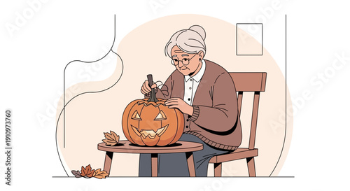 Elderly Woman Carving Jack O Lantern For Halloween Festive Tradition