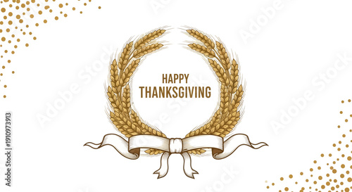 Elegant Wheat Wreath With Happy Thanksgiving Message And Ribbon Decoration