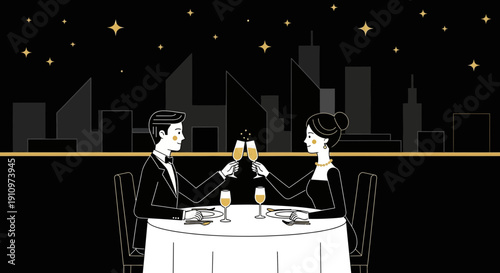 Elegant Couple Celebrating With Champagne Atop City Skyline Under Starry Night