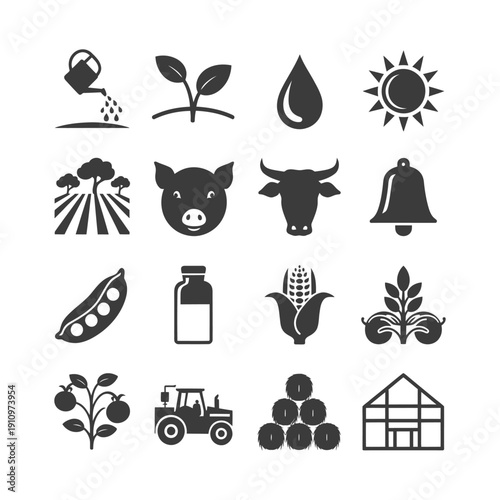 Collection of farming icons including watering can, plants, sun, pig, cow, bell, peas, corn