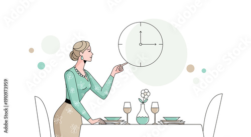 Elegant Woman Adjusting Clock While Setting A Stylish Dining Table