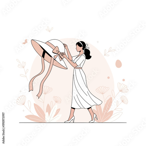 Elegant Woman Adorned With A Stylish Wide-brimmed Sun Hat In A Garden Setting