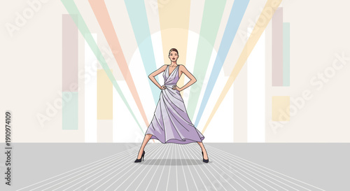 Elegant Fashion Model Posing Confidently Amidst Vibrant Spotlight Rays