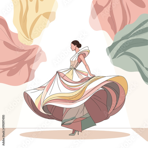 Elegant Woman Dancing In Swirling Colorful Gown Fashion Illustration Style