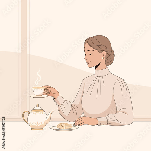 Elegant Woman Enjoys A Morning Tea With Pastry By The Window