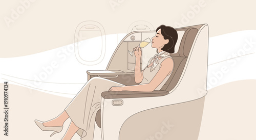 Elegant Woman Enjoys Champagne While Traveling First Class