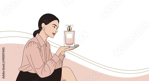 Elegant Woman Holding Perfume Bottle Minimalist Illustration