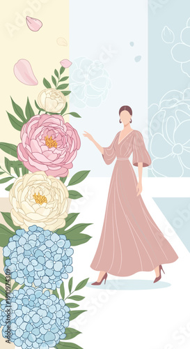 Elegant Woman In Flowing Dress With Large Floral Display