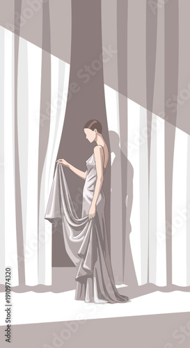 Elegant Woman in Flowing Gown Revealed by Soft Light And Shadow