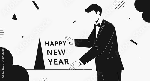 Elegant Gentleman Unveils Joyful New Year Greeting Minimalist Design
