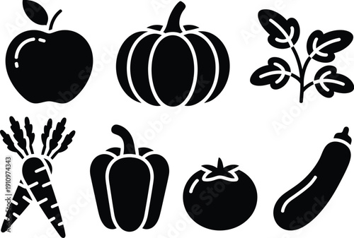 Vegetable food set line art silhouette vector illustration, healthy organic produce icons including carrot, tomato, broccoli and leafy greens.