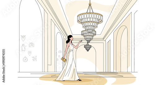 Elegant Woman In Formal Attire Navigates Luxurious Hallway With Chandeliers