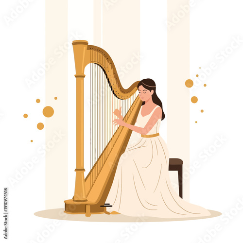 Elegant Woman Playing Golden Harp Serene Classical Music Performance Art